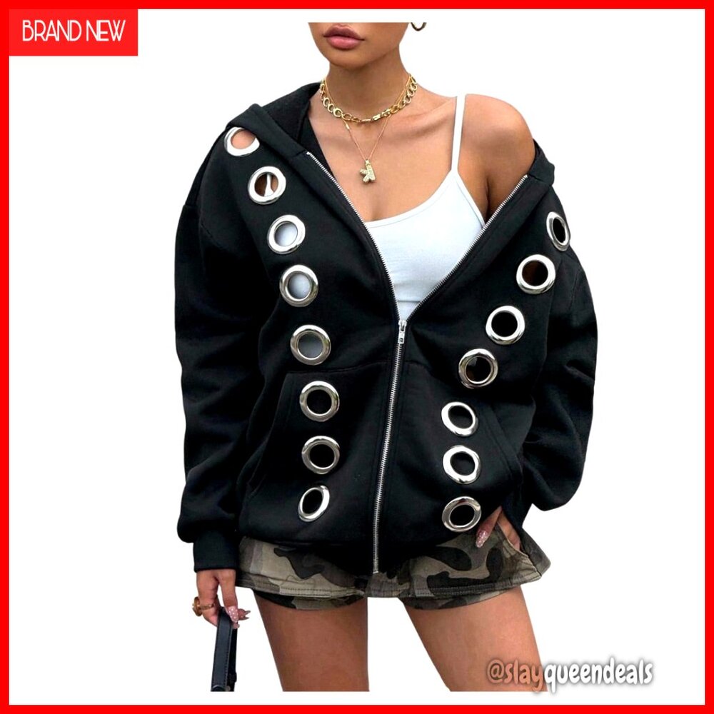 Oversized Zip Up Hoodie Y2K Grommet Goth Emo Sweatshirt Streetwear Jacket